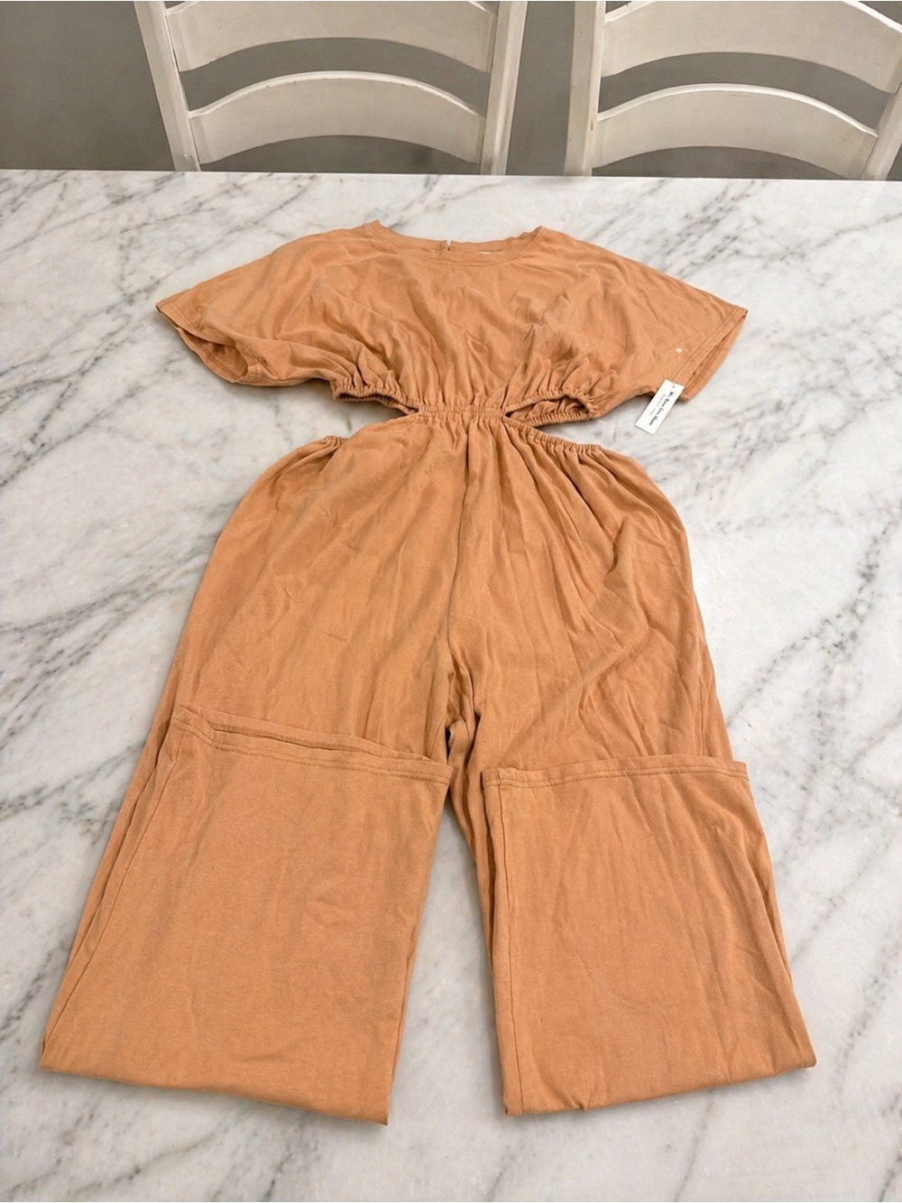 Caramel Cutout Wide Leg Romper Size Large Boho Jumpsuit 100% Cotton